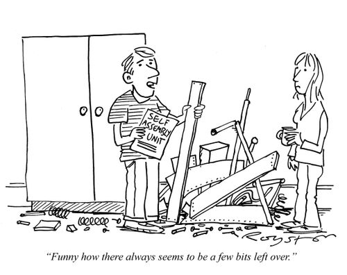 Man with self-assembly wardrobe and lots of random pieces: 'Funny how there always seems to be a few bits left over.'