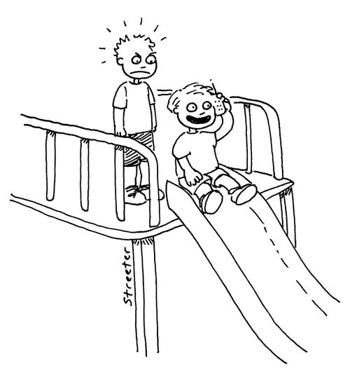 Child chatting on cell phone at top of slide.