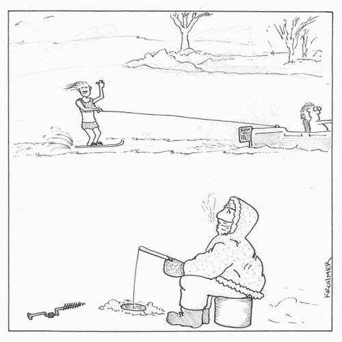 Ice fisherman watching water skier go by.