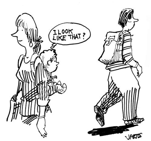 Child in baby sling sees rucksack - 'I look like that?'