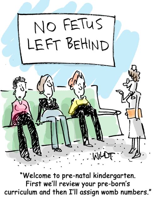 'Welcome to pre-natal kindergarten. First we'll review your pre-born's cirriculum and then I'll assign womb numbers.'