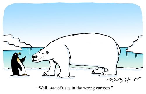 Penguin meets polar bear, saying: 'Well, ONE of us is in the wrong cartoon.'