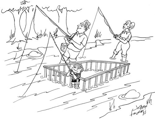 Parents fishing with son in playpen.