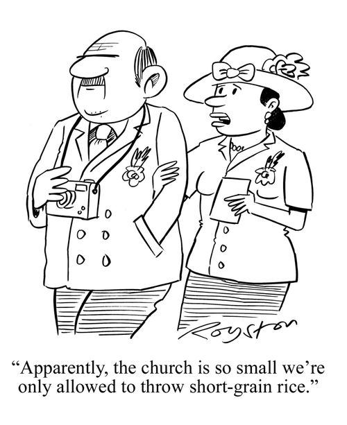Couple on their way to a wedding. Woman says: 'Apparently, the church is so small we're only allowed to thrown short-grain rice.'