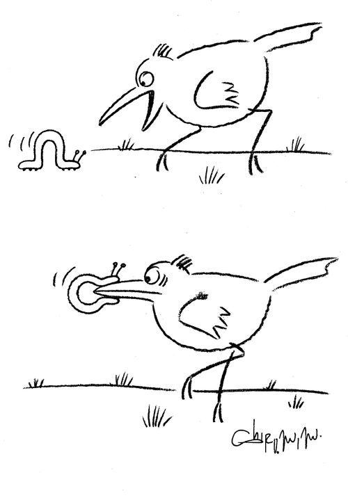 Bird trying to catch a worm.