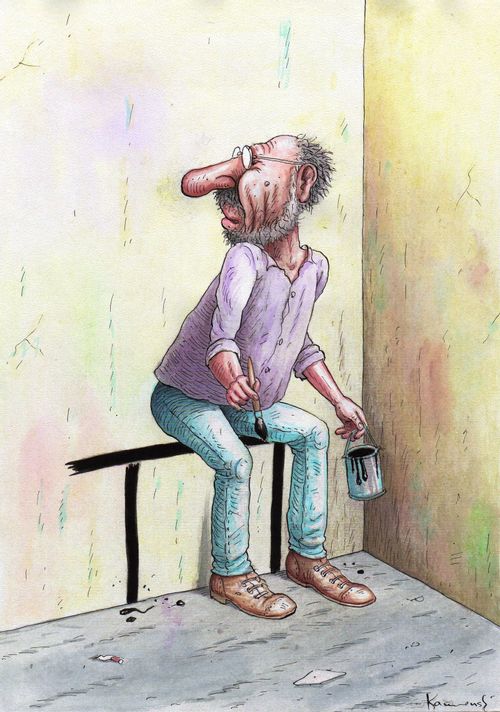 Artist draws himself a bench to sit down on.