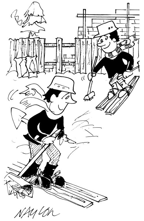 Boys making skis from bits of fence.
