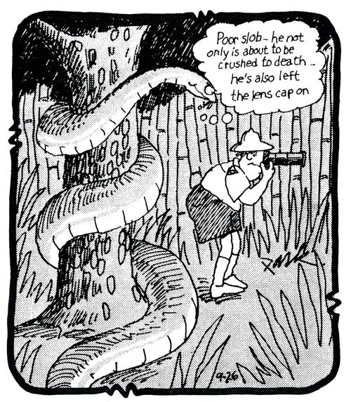 'Poor slob - he not only is about to be crushed to death - he's also left the lens cap on.'