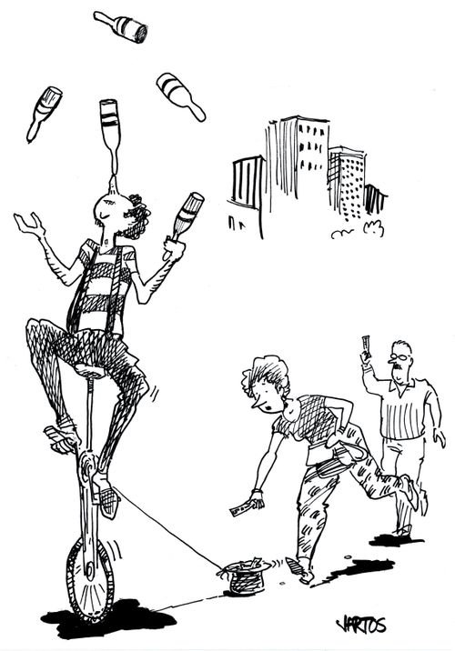 People chasing a street performer to give money.