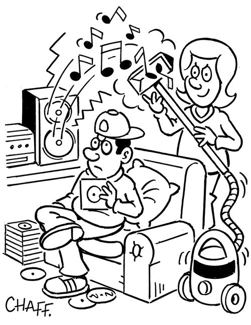 Mother of teenage boy vacuuming up music.