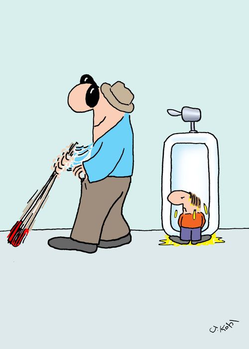 Blind man at urinal.
