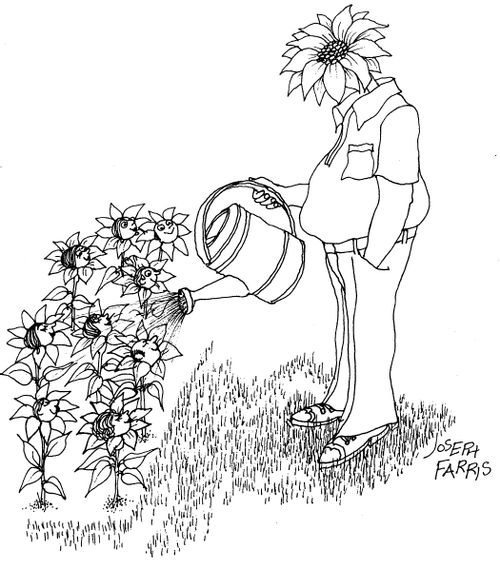 Man with a sunflower head watering flowers with human faces.