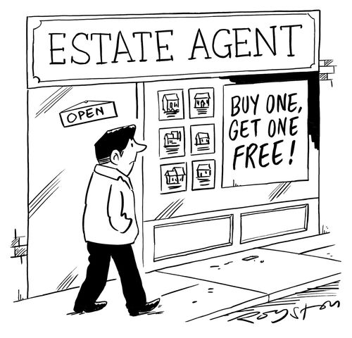Man walks past estate agent with 'Buy one, get one free!' sign.
