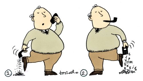 Smoker empties tobacco from pipe, then empties words from phone.