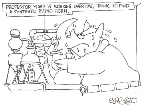 Professor Yomp is working overtime, trying to find a synthetic rhino horn.'
