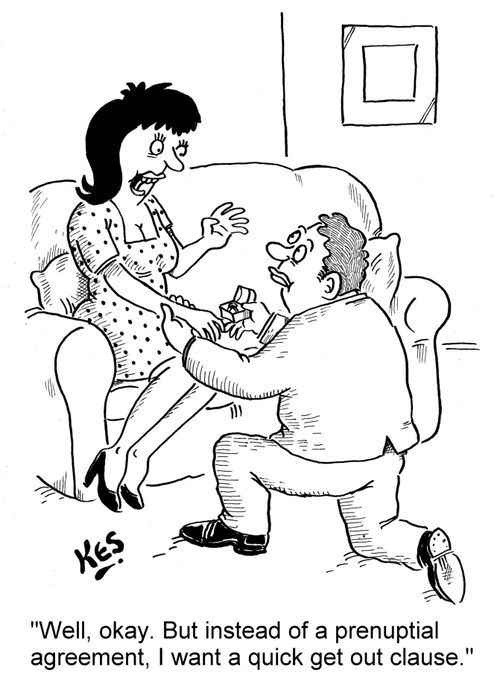 'Well, okay. But instead of prenuptial agreement, I want a quick get out clause.'
