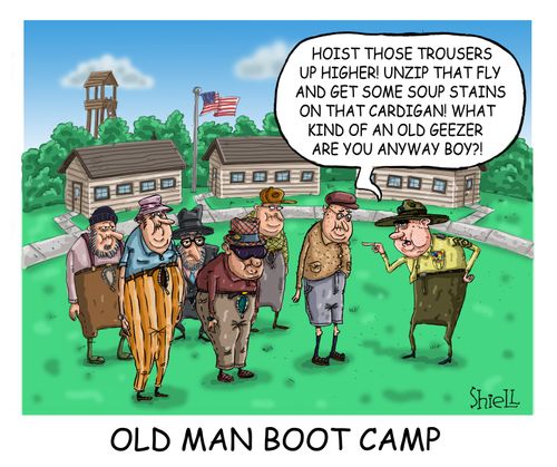 Old Man Boot Camp: 'Hoist those trousers up higher! Unzip that fly and get some soup stains on that cardigan...'