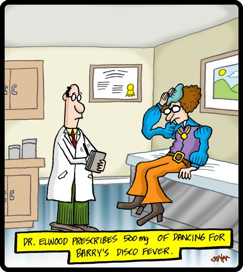 Dr. Elwood prescribes 500 mg of dancing for Barry's disco fever.