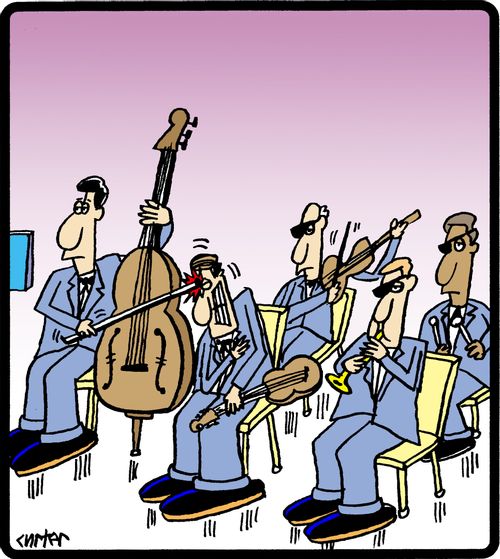 Cellist has accidentally poked out the eyes of all his fellow band members. 