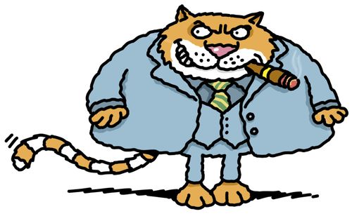 A fat cat in a suit smoking a cigar.