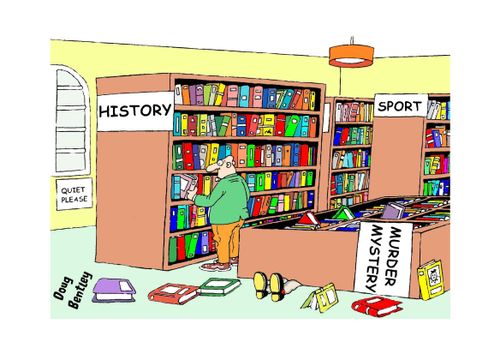 Murder mystery bookshelf falls on passerby.