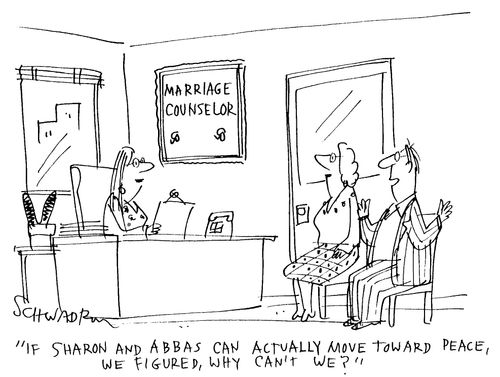 'If Sharon and Abbas can actually move toward peace, we figured, why can't we?' - Couple visiting Marriage Counselor.
