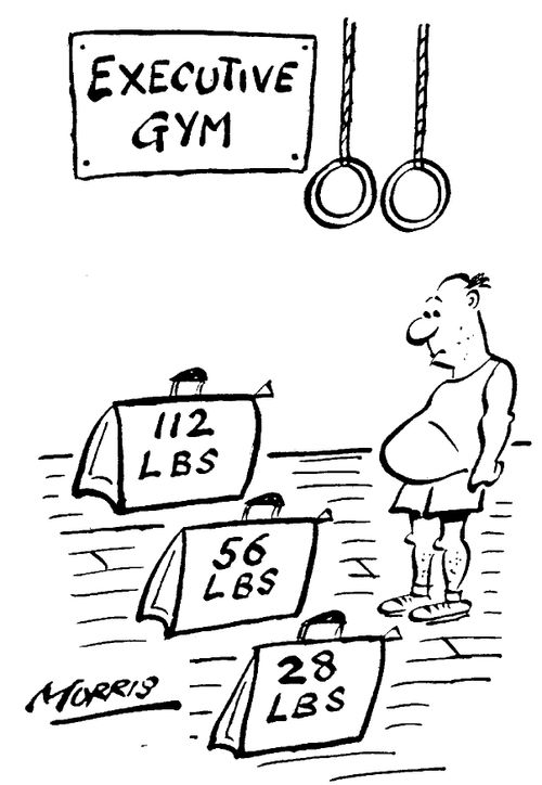 Executive gym with briefcases for weights.