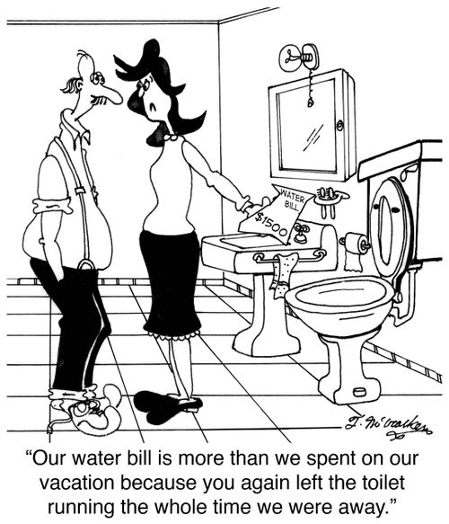 'Our water bill is more than we spent on our vacation because you again left the toilet running the whole time we were away.'