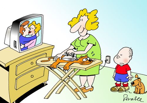 Woman so absorbed in TV she's ironing the cat.