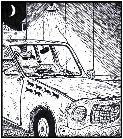 A dog cruising around in his car looking for cats, sporting his number of kill badges of cats on the side of his car.