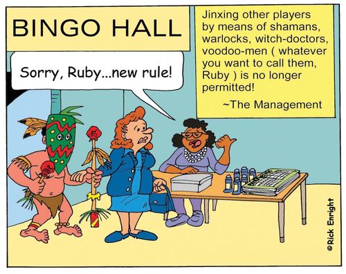 'Sorry Ruby! New rule!' 'Jinxing other players by means of shamans, warlocks, witch-doctors, voodoo-men no longer permitted!' The Management 