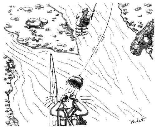 A fly-fisherman ,while casting, hooks and removes his friends hat.