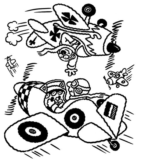 A bear flying a plane upside down, waving to a man in another plane.
