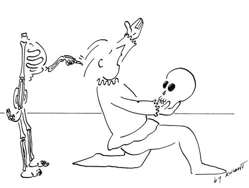 Skeleton getting his skull back from an actor.