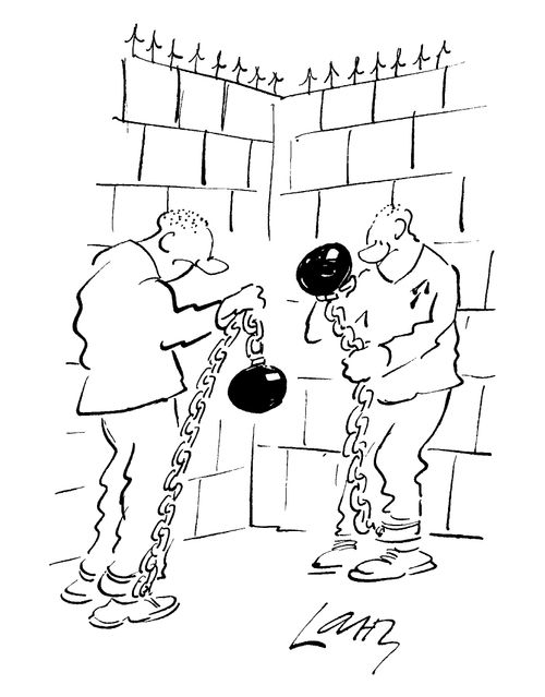 Prisoners playing conkers with their balls and chains