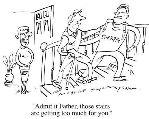 Man using a sherpa - "Admit it father those stairs are getting too much for you."