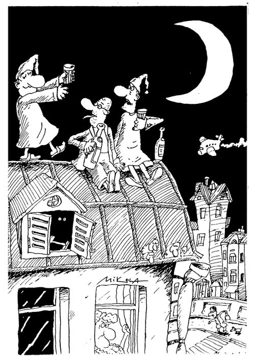Men meeting on the roof for a crafty drink, away from the women