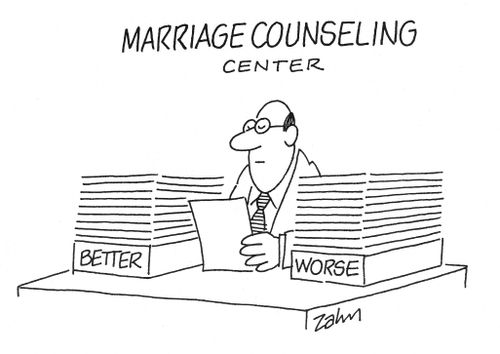 Marriage counsellor with 'Better' and 'Worse' desk trays.