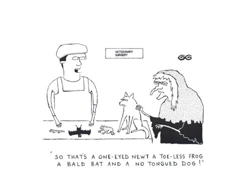 "So that's a one-eyed newt a toe-less frog a bald bat and a no tongued dog!" (Macbeth witch at the vets).