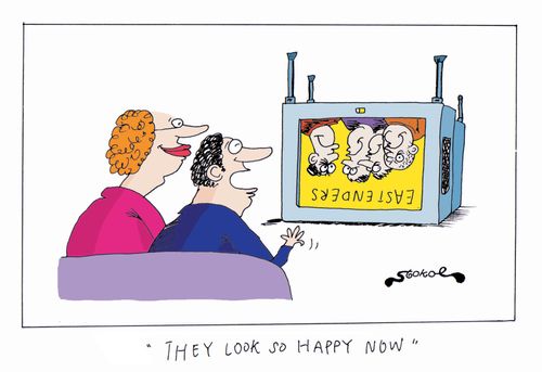 Eastenders on an upsidedown television - 'They look so happy now'