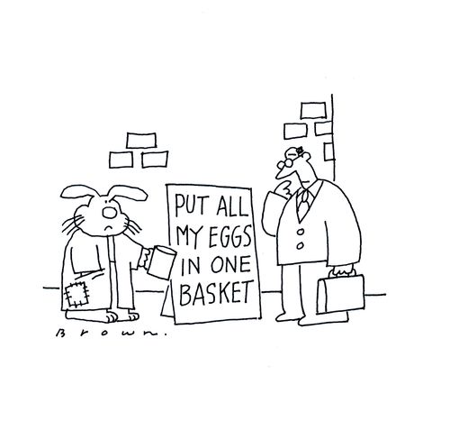 Poor Easter Bunny with sign: 'Put all my eggs in one basket'.