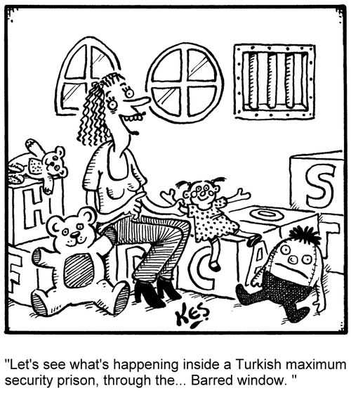 'Let's see what's happening inside a Turkish maximum security prison, through the... Barred window.'