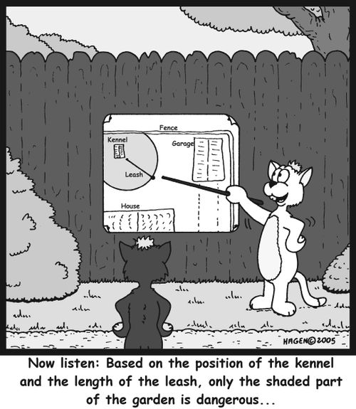 'Now listen: Based on the position of the kennel and the length of the leash, only the shaded part of the garden is dangerous...'