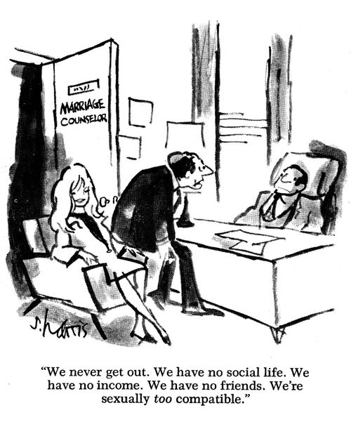 'We never go out.  We have no social life.  We have no income.  We have no friends.  We're sexually too compatible.'