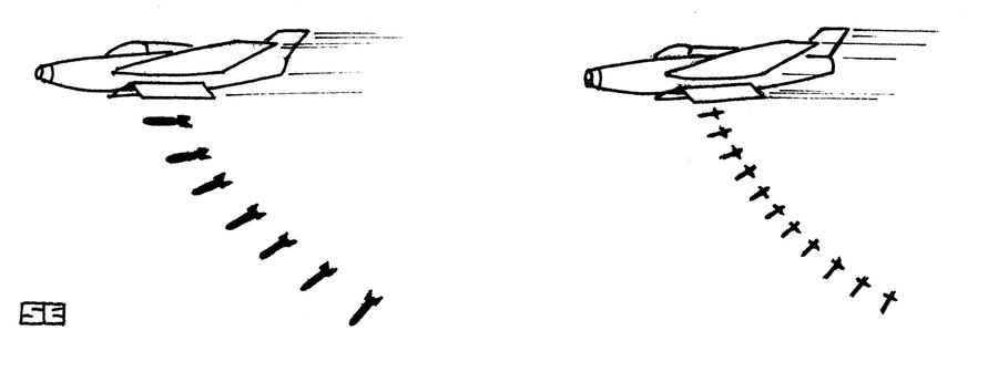 Planes throwing out bombs and tombstones.