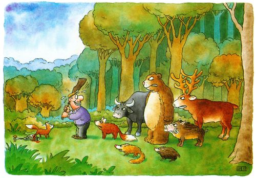 Hunter facing angry woodland animals.