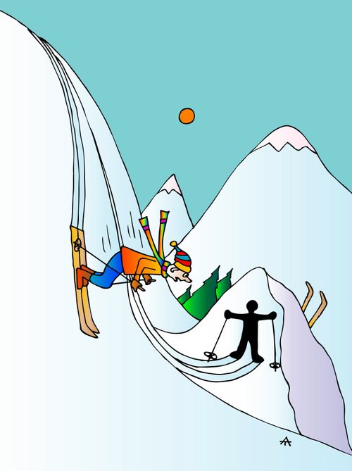 Skier sees another skier's unsuccessful accident. 