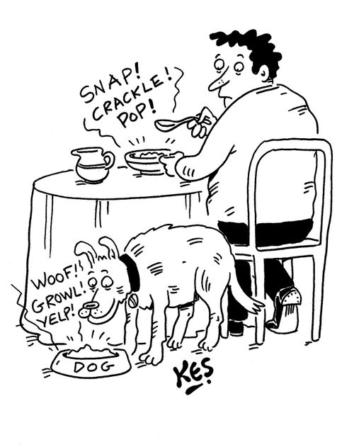 Mans breakfast makes a 'Snap, crackle, pop' sound. He hears his dog's food making a 'Woof, growl, yelp' sound.