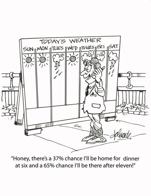 'Honey, there's a 37% chance I'll be home for dinner at six and a 65% chance I'll be there after eleven!'