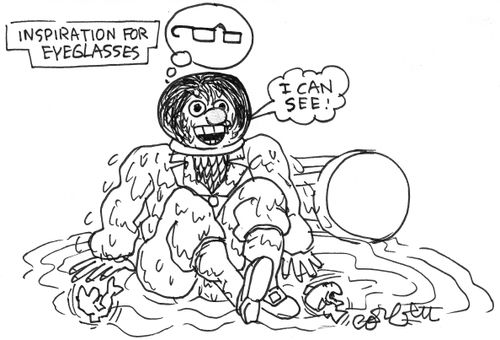 Inspiration for eyeglasses: man spills fish bowl over his head: 'I CAN SEE!'
